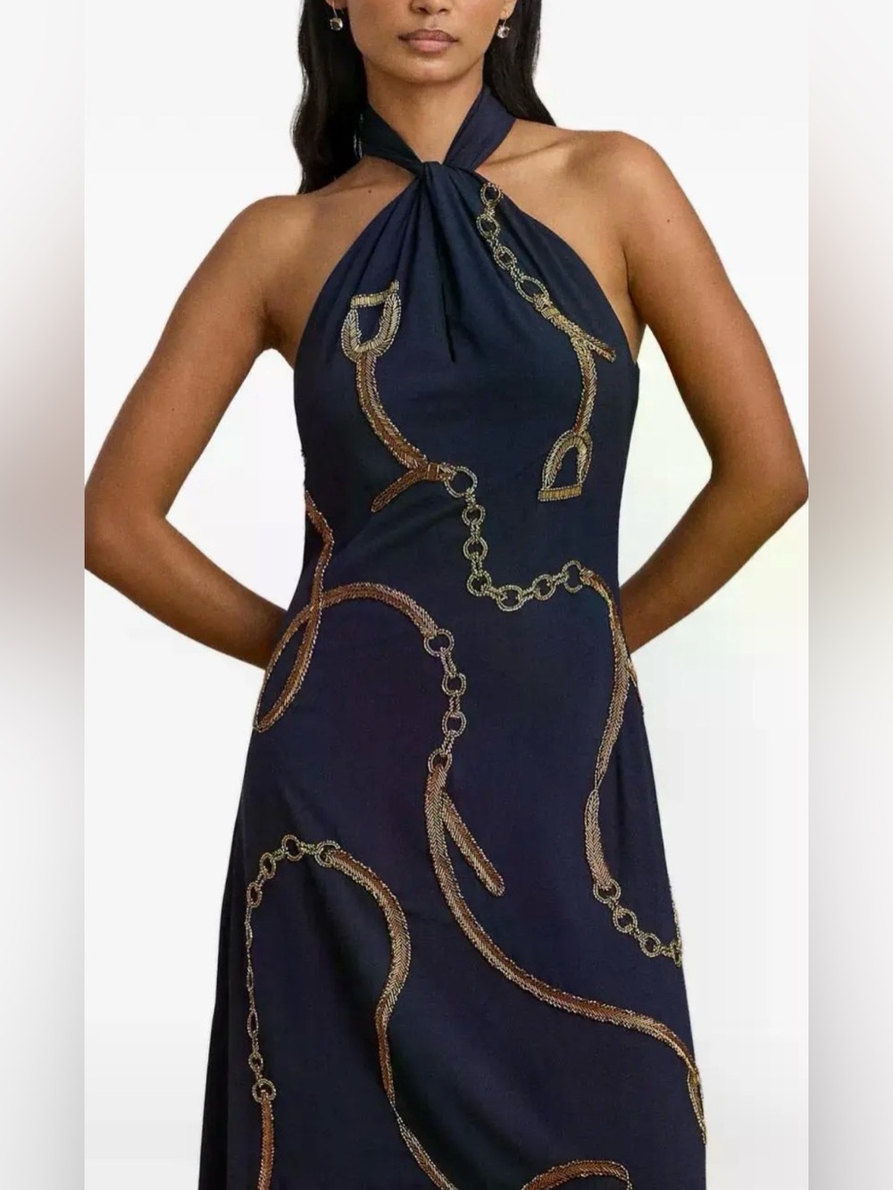 Lauren Ralph Lauren Embellished Sequin Halter Dress, Size 14 Navy Blue - Picture 3 of 12